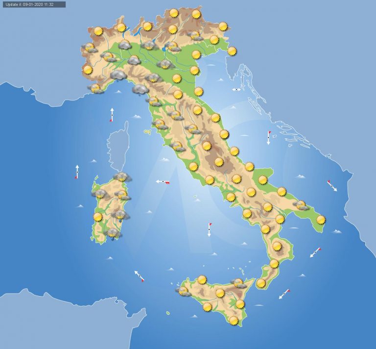 Meteo domani, 10 Gennaio 2020: qualche nube in più in Italia e deboli piogge il Liguria e Sardegna