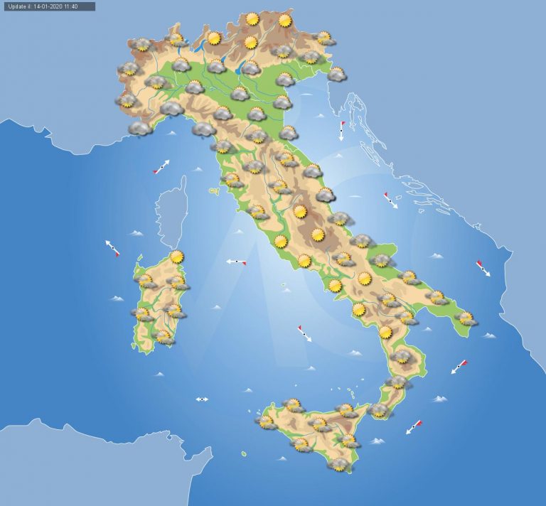 Meteo domani 15 Gennaio 2020: sole prevalente al centro-sud Italia, nubi e deboli piogge al nord