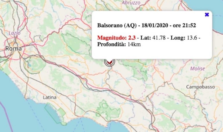 Terremoto in Abruzzo oggi, sabato 18 gennaio 2020: scossa M 2.3 in provincia de L’Aquila | Dati INGV Terremoto in Abruzzo oggi, sabato 18 gennaio 2020: scossa M 2.3 in provincia de L’Aquila | Dati INGV