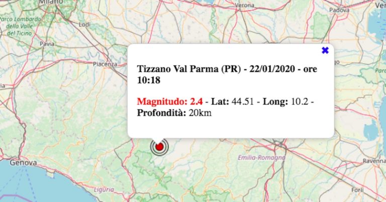Terremoto in Emilia-Romagna oggi 22 gennaio 2020, scossa M 2.4 in provincia di Parma | Dati INGV Terremoto in Emilia-Romagna oggi 22 gennaio 2020, scossa M 2.4 in provincia di Parma | Dati INGV