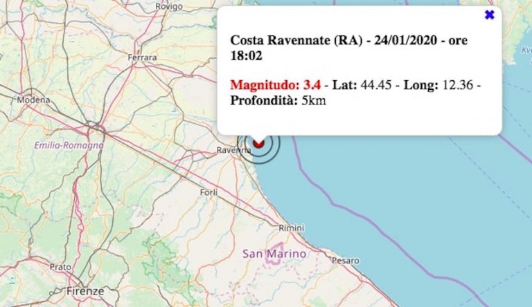 Terremoto in Emilia-Romagna oggi, venerdì 24 gennaio 2020: scossa M 3.4 vicino Ravenna – Dati INGV