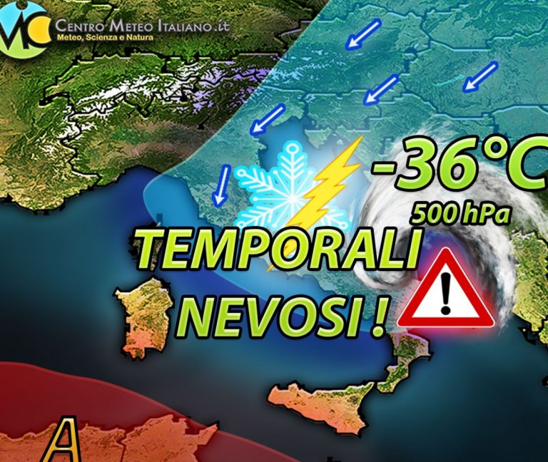 METEO – AVVISO: fiocchi e TEMPORALI NEVOSI in arrivo a quote MOLTO BASSE, le PREVISIONI