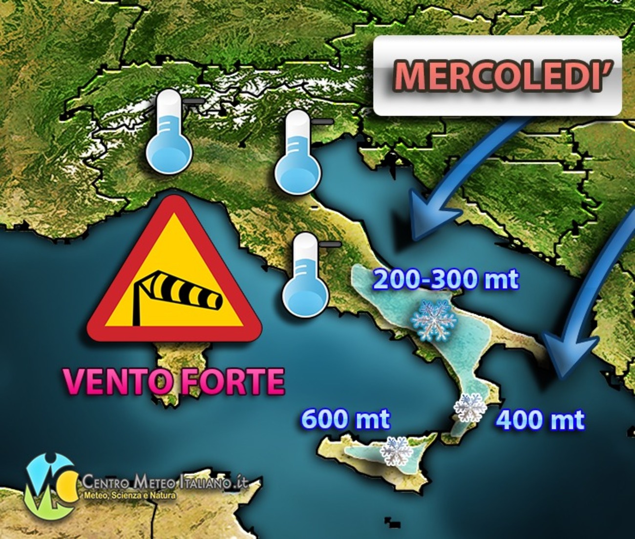 Peggioramento meteo con fiocchi in calo fin verso i 200 metri entro la notte di Mercoledì