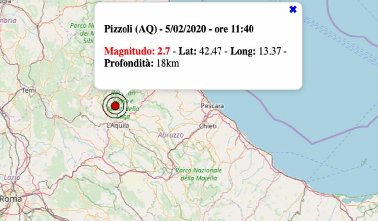 Terremoto oggi in Abruzzo, 5 febbraio 2020: scossa M 2.7 in provincia de L’Aquila | Dati INGV