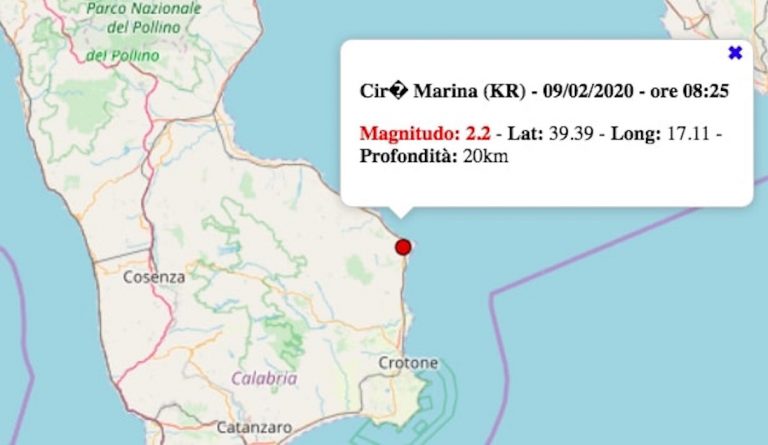 Terremoto in Calabria oggi, domenica 9 febbraio 2020: scossa M 2.2 in provincia di Crotone | Dati ufficiali INGV Terremoto in Calabria oggi, domenica 9 febbraio 2020: scossa M 2.2 in provincia di Crotone | Dati ufficiali INGV