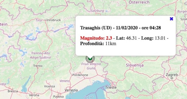 Terremoto in Friuli-Venezia Giulia oggi, 11 febbraio 2020: scossa M 2.3 in provincia di Udine | Dati INGV