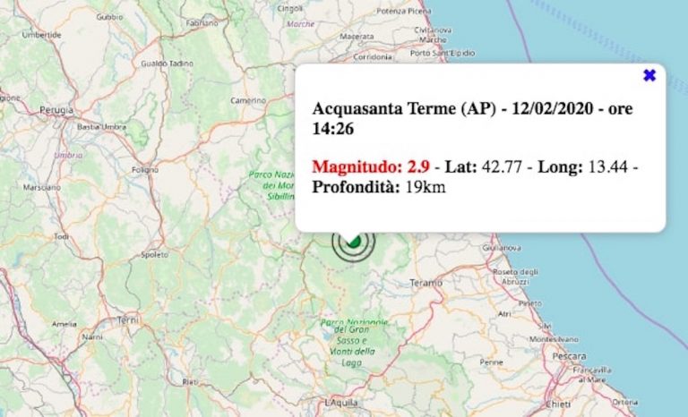 Terremoto nelle Marche oggi, mercoledì 12 febbraio 2020: scossa M 2.9 in provincia di Ascoli Piceno | Dati INGV