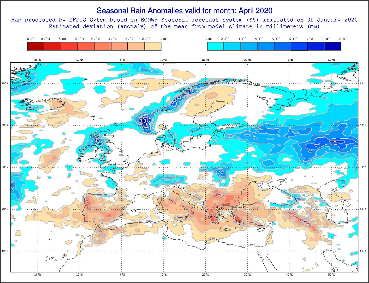 Anomalie di precipitazione previste dal modello ECMWF per aprile 2020 - effis.jrc.ec.europa.eu Anomalie di precipitazione previste dal modello ECMWF per aprile 2020 - effis.jrc.ec.europa.eu