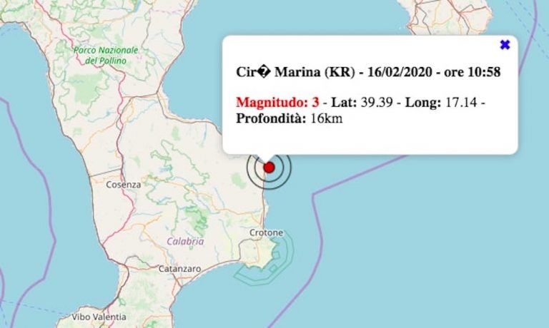 Terremoto in Calabria oggi, domenica 16 febbraio 2020: scossa M 3.0 in provincia di Crotone | Dati ufficiali INGV