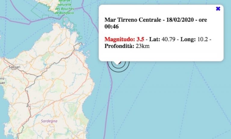 Terremoto in Sardegna oggi, martedì 18 febbraio 2020: scossa M 3.5 sul Tirreno centrale – Dati INGV