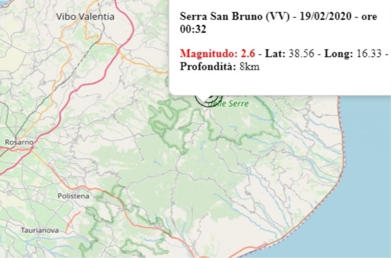 Terremoto in Calabria oggi, 19 febbraio 2020, scossa M 2.6 in provincia di Vibo Valentia | Dati ufficiali INGV