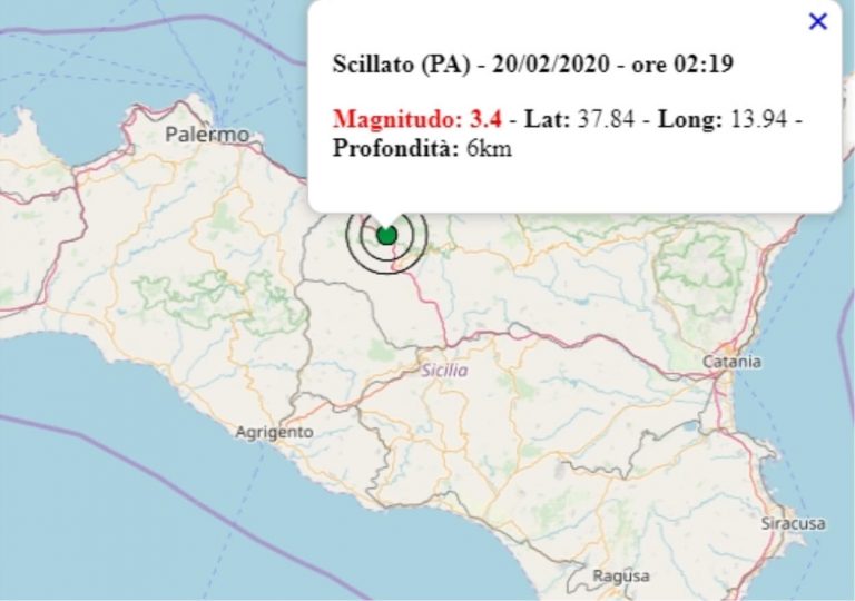 Terremoto in Sicilia oggi, giovedì 20 febbraio 2020, scossa M 3.4 avvertita a Scillato, in provincia di Palermo – Dati Ingv