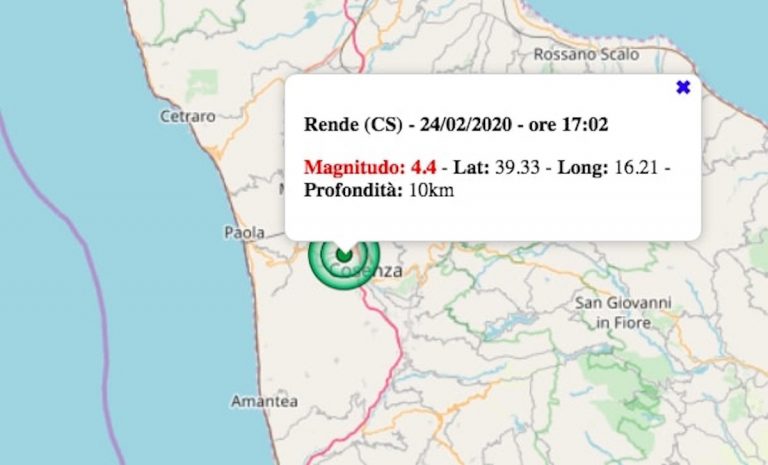 Terremoto in Calabria oggi, lunedì 24 febbraio 2020: scossa M 4.4 in provincia di Cosenza | Dati INGV