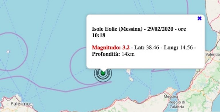 Terremoto in Sicilia oggi, sabato 29 febbraio 2020: scossa M 3.2 Isole Eolie | Dati ufficiali INGV