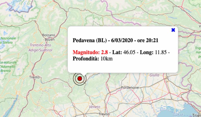 Terremoto oggi in Veneto, venerdì 6 marzo 2020: in serata scossa M 2.8 in provincia di Belluno – Dati INGV
