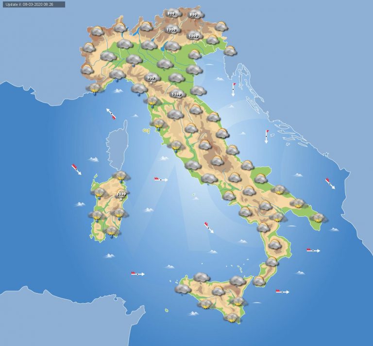 PREVISIONI METEO domani 9 marzo 2020: goccia fredda sul Mediterraneo con piogge sparse sull’Italia, neve sui rilievi