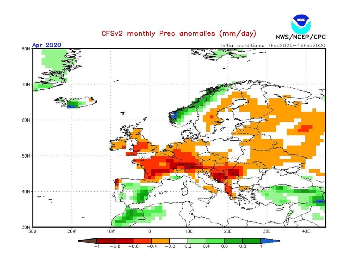 Anomalie di precipitazione previste dal modello CFS per aprile 2020 - cpc.ncep.noaa.gov