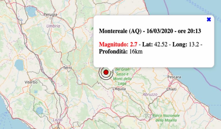 Terremoto oggi Abruzzo, lunedì 16 marzo 2020: scossa M 2.7 in provincia dell’Aquila – Dati INGV