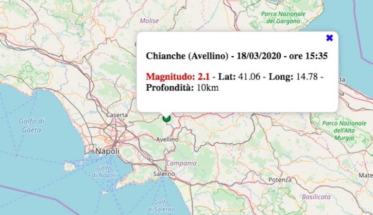 Terremoto in Campania oggi, mercoledì 18 marzo 2020: scossa M 2.1 in provincia di Avelino | Dati INGV