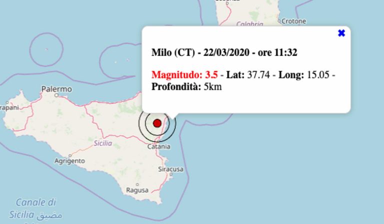 Terremoto oggi in Sicilia, 22 marzo 2020: scossa M 3.5 in provincia di Catania – Dati INGV Terremoto oggi in Sicilia, 22 marzo 2020: scossa M 3.5 in provincia di Catania – Dati INGV