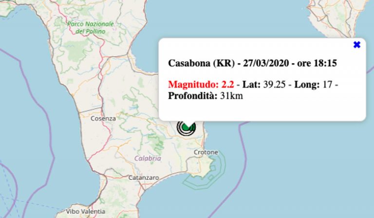 Terremoto oggi Calabria, 27 marzo 2020: diverse scosse in provincia di Crotone. Dati INGV