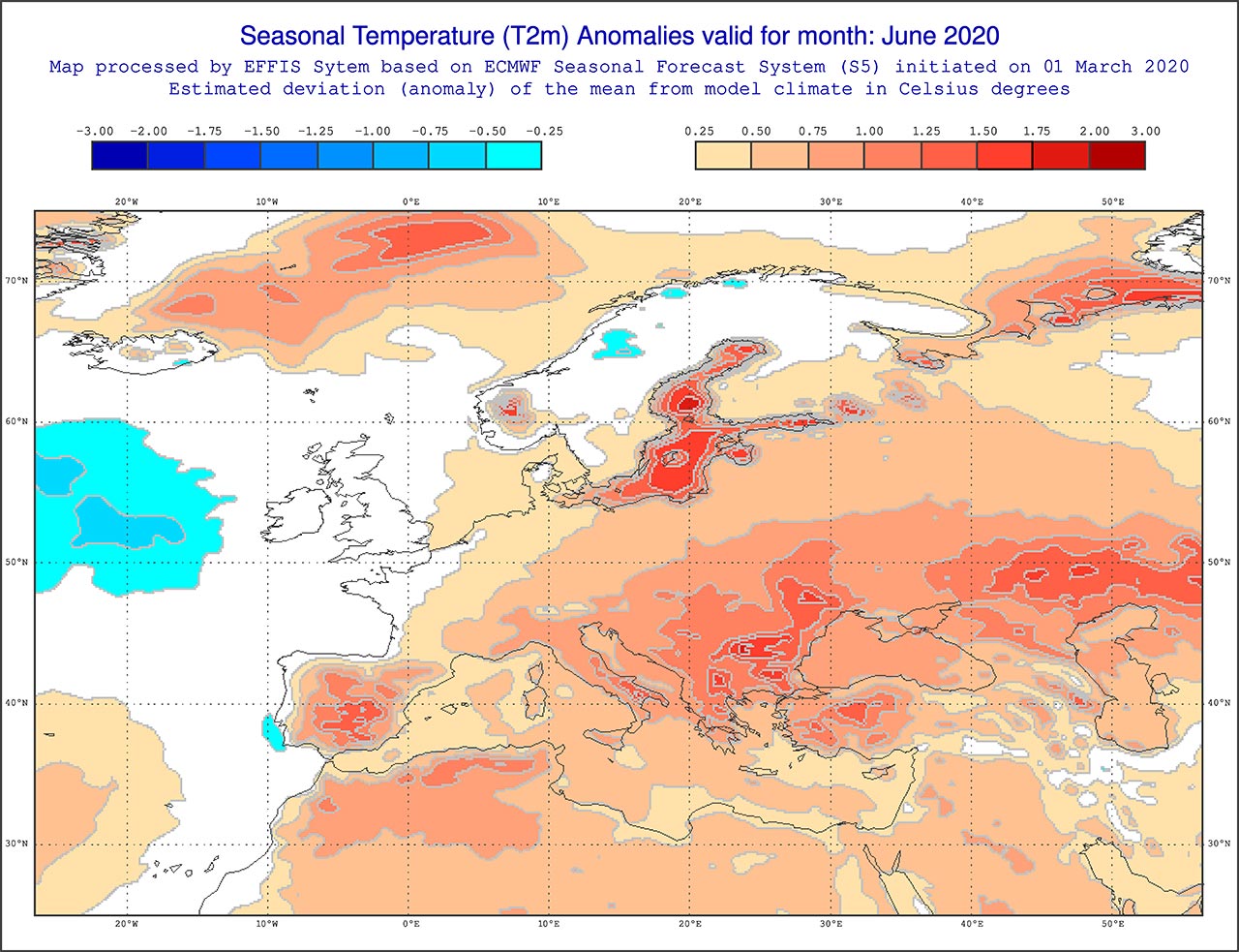 Anomalie di temperatura previste dal modello ECMWF per giugno 2020 - effis.jrc.ec.europa.eu