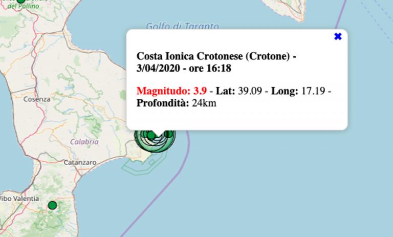 Terremoto oggi in Calabria, 3 aprile 2020: nel pomeriggio scossa M 3.9 a Crotone avvertita dalla popolazione – Dati INGV