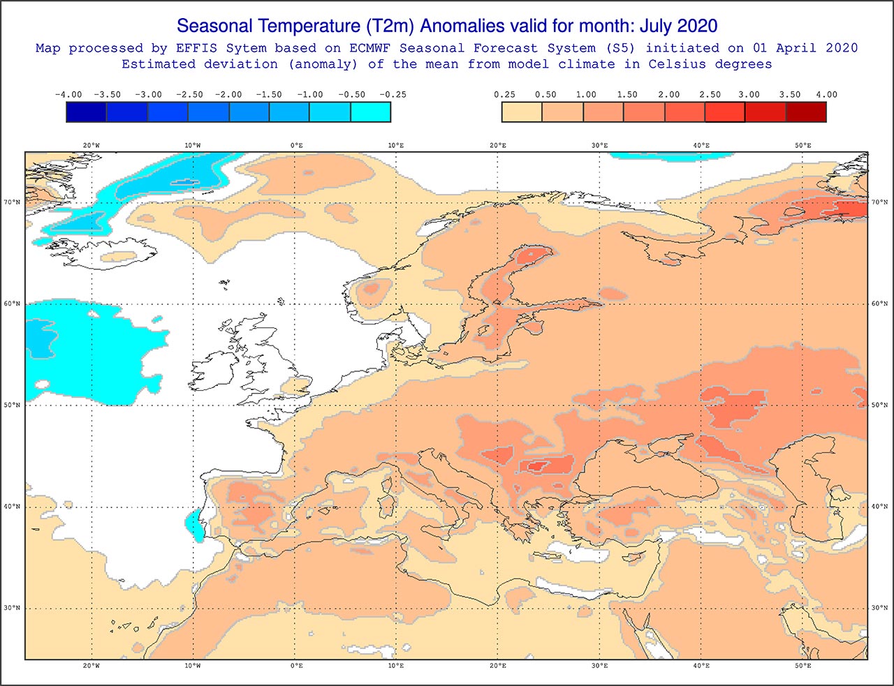 Anomalie di temperatura previste dal modello ECMWF per luglio 2020 - effis.jrc.ec.europa.eu