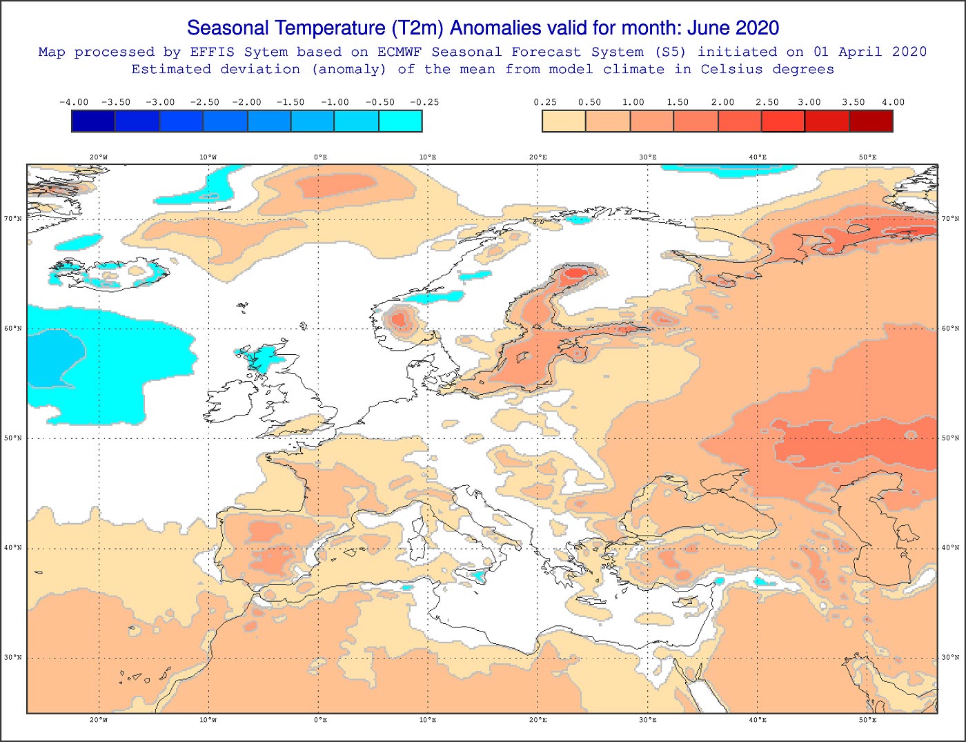 Anomalie di temperatura previste dal modello ECMWF per giugno 2020 - effis.jrc.ec.europa.eu