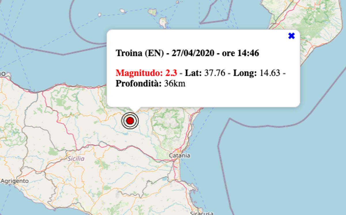 Terremoto oggi Sicilia, 27 aprile 2020 nel pomeriggio scossa M 2.3 in provincia di Enna Dati Terremoto oggi Sicilia, 27 aprile 2020 nel pomeriggio scossa M 2.3 in provincia di Enna Dati