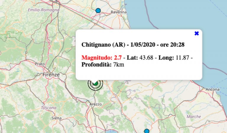 Terremoto in Toscana oggi, venerdì 1 maggio 2020: scossa M 2.7 in provincia di Arezzo – Dati INGV Terremoto in Toscana oggi, venerdì 1 maggio 2020: scossa M 2.7 in provincia di Arezzo – Dati INGV