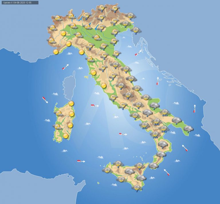 PREVISIONI METEO domani 5 giugno 2020: Spiccato maltempo in Italia con piogge e temporali, migliora al nord-ovest e regioni tirreniche