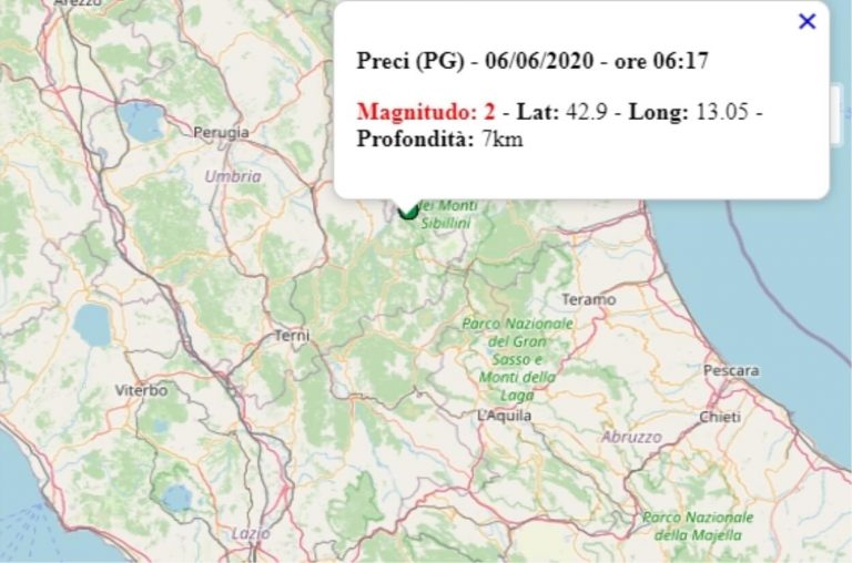 Terremoto in Umbria oggi, sabato 6 giugno 2020: scossa M 2.0 in provincia di Perugia – Dati Ingv