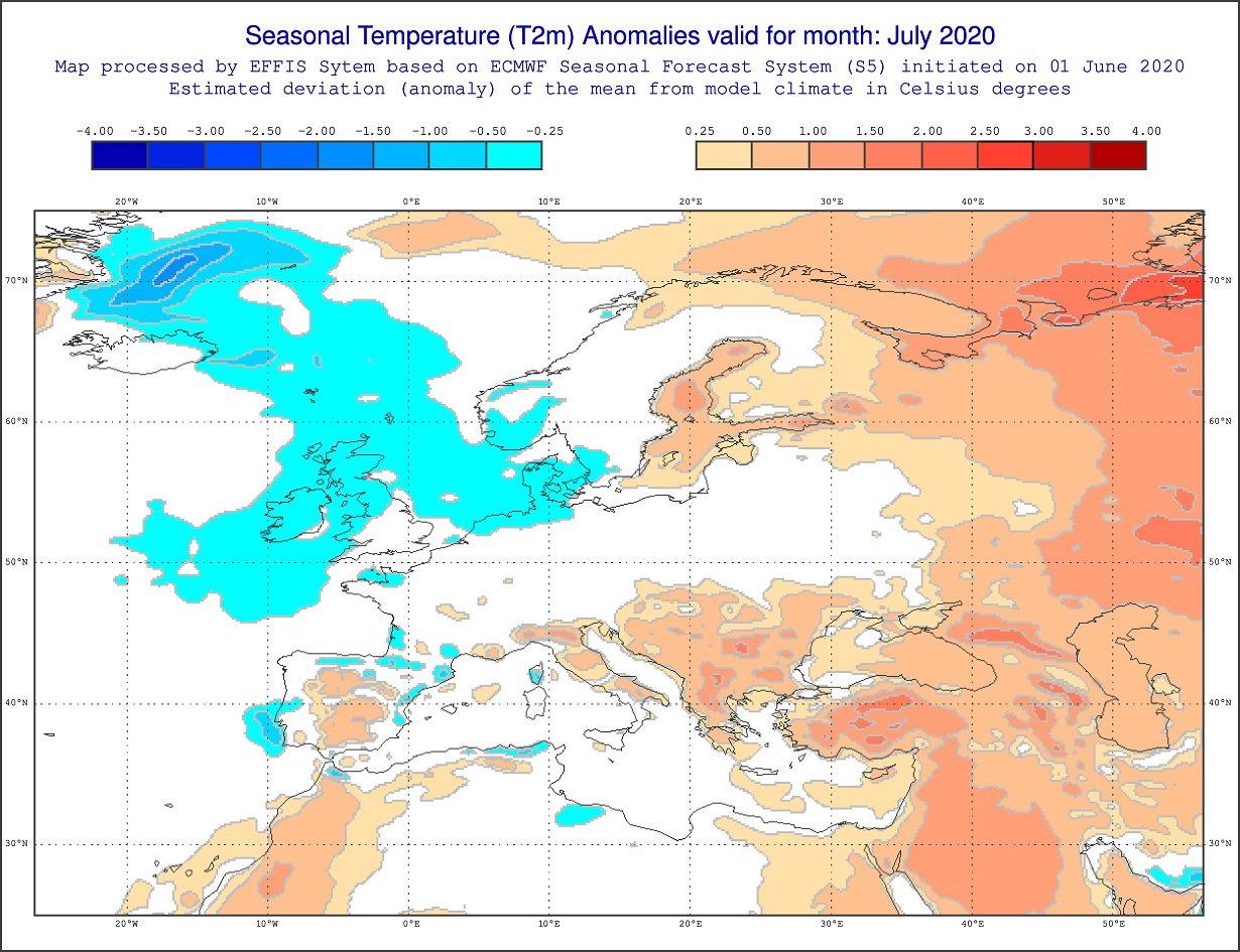 Anomalie di temperatura previste dal modello ECMWF per luglio 2020 - effis.jrc.ec.europa.eu
