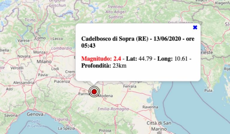 Terremoto oggi in Emilia Romagna, sabato 13 giugno 2020: scossa M 2.4 in provincia di Reggio Emilia. Dati INGV Terremoto oggi in Emilia Romagna, sabato 13 giugno 2020: scossa M 2.4 in provincia di Reggio Emilia. Dati INGV