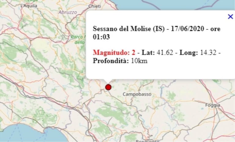 Terremoto Molise oggi, 17 giugno 2020, scossa M 2.0 in provincia di Isernia – Dati Ingv