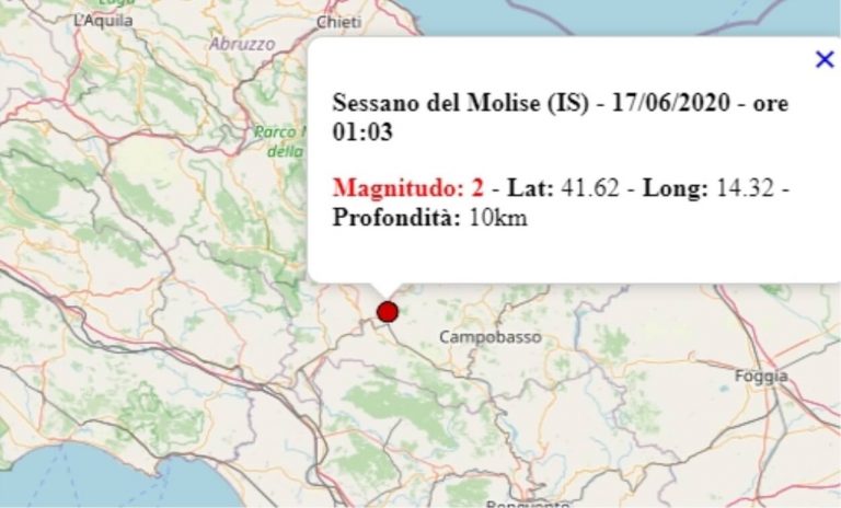 Terremoto Molise oggi, 17 giugno 2020, scossa M 2.0 in provincia di Isernia – Dati Ingv Terremoto Molise oggi, 17 giugno 2020, scossa M 2.0 in provincia di Isernia – Dati Ingv