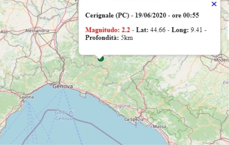 Terremoto in Emilia Romagna oggi, venerdì 19 giugno 2020, scossa M 2.2 provincia di Piacenza – Dati Ingv