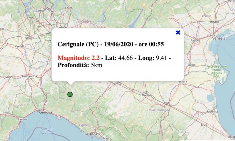 Terremoto oggi in Emilia-Romagna, 19 giugno 2020: scossa M 2.2 in provincia di Piacenza | DATI INGV Terremoto oggi in Emilia-Romagna, 19 giugno 2020: scossa M 2.2 in provincia di Piacenza | DATI INGV