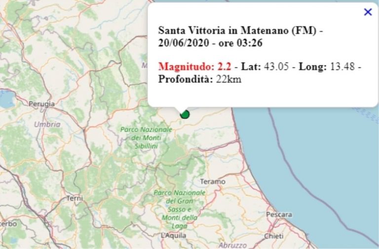 Terremoto nelle Marche oggi, 20 giugno 2020, scossa M 2.2 in provincia Fermo – Dati Ingv Terremoto nelle Marche oggi, 20 giugno 2020, scossa M 2.2 in provincia Fermo – Dati Ingv