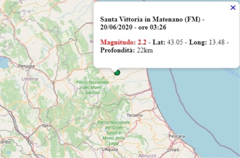 Terremoto nelle Marche oggi, 20 giugno 2020, scossa M 2.2 in provincia Fermo – Dati Ingv