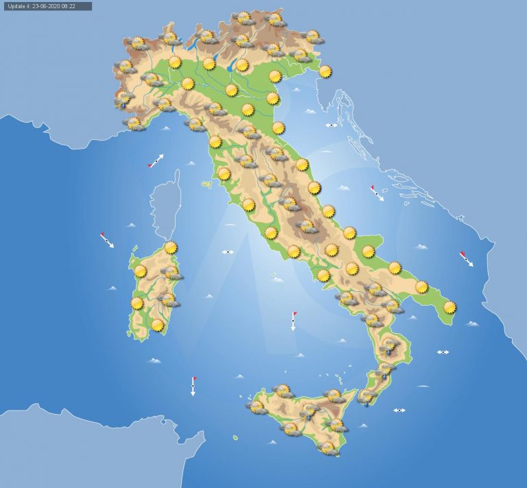PREVISIONI METEO domani 24 giugno: locali temporali su Alpi, Calabria e Sicilia, sole e clima estivo sul resto d’Italia