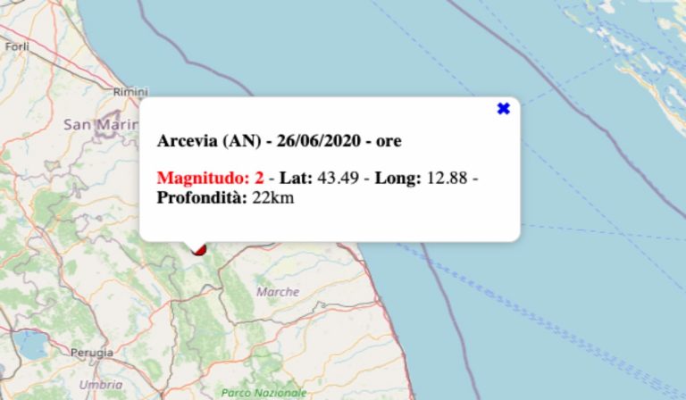Terremoto oggi nelle Marche, 26 giugno 2020: nel pomeriggio scossa M 2.0 in provincia di Ancona – Dati INGV Terremoto oggi nelle Marche, 26 giugno 2020: nel pomeriggio scossa M 2.0 in provincia di Ancona – Dati INGV