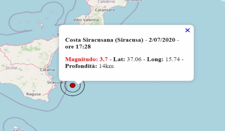 Terremoto oggi Sicilia, 2 luglio 2020: nel pomeriggio scossa M 3.7 sulla Costa Siracusana – Dati INGV Terremoto oggi Sicilia, 2 luglio 2020: nel pomeriggio scossa M 3.7 sulla Costa Siracusana – Dati INGV
