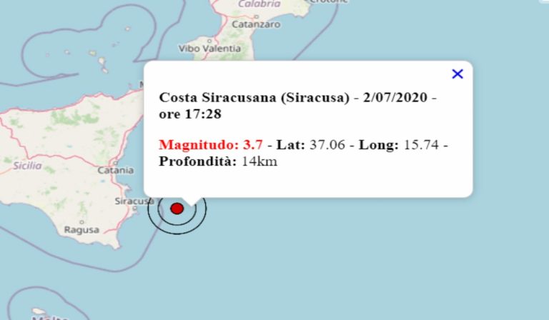Terremoto oggi Sicilia, 2 luglio 2020: nel pomeriggio scossa M 3.7 sulla Costa Siracusana – Dati INGV