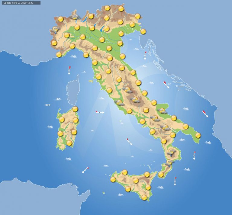 PREVISIONI meteo domani 7 LUGLIO: residue note d’instabilità al mattino su Emilia Romagna e medio versante adriatico, sole sul resto dell’ITALIA