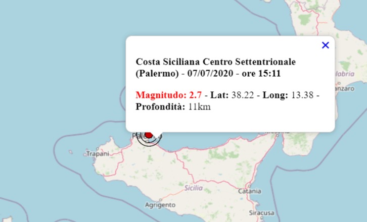 Terremoto oggi in Sicilia, 7 luglio 2020: nel pomeriggio scossa M 2.7 nel distretto Costa Siciliana centro settentrionale, Palermo