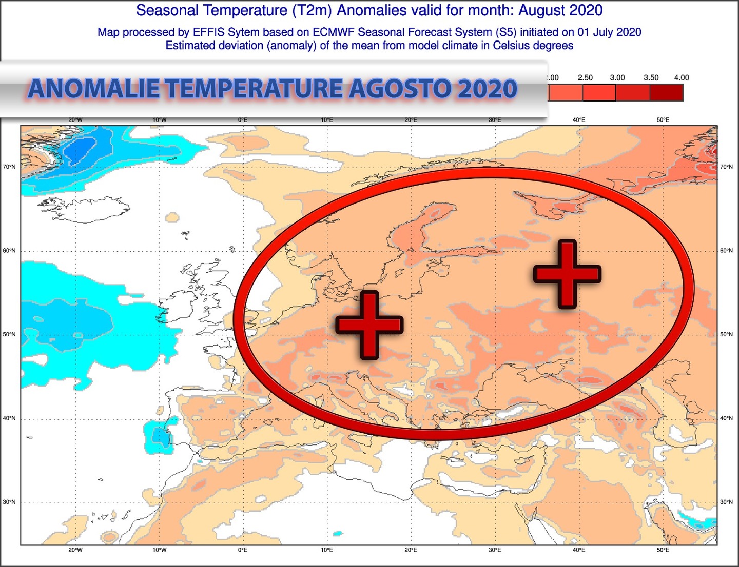 Anomalie di temperatura previste dal modello europeo per agosto 2020 - effis.jrc.ec.europa.eu.eu