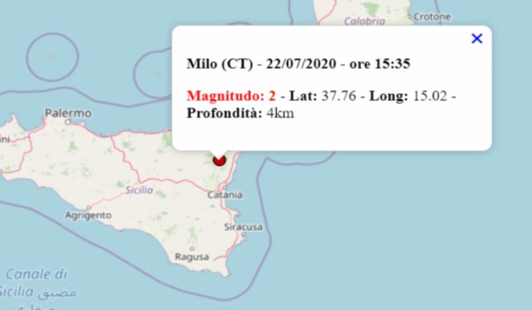 Terremoto oggi in Sicilia, 22 luglio 2020: nel pomeriggio scossa M 2.0 in provincia di Catania – Dati INGV Terremoto oggi in Sicilia, 22 luglio 2020: nel pomeriggio scossa M 2.0 in provincia di Catania – Dati INGV
