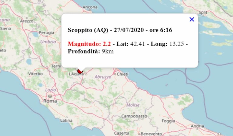 Terremoto oggi in Abruzzo, 27 luglio 2020: in mattinata scossa M 2.2 in provincia dell’Aquila – Dati INGV Terremoto oggi in Abruzzo, 27 luglio 2020: in mattinata scossa M 2.2 in provincia dell’Aquila – Dati INGV